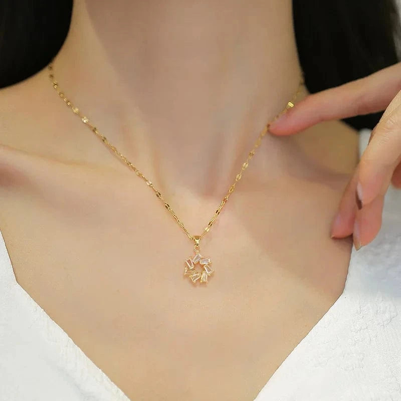New Fashion 18K Gold Plated Stainless Steel Flower Necklace Earrings Rings Charm Pendant Women Jewelry Set