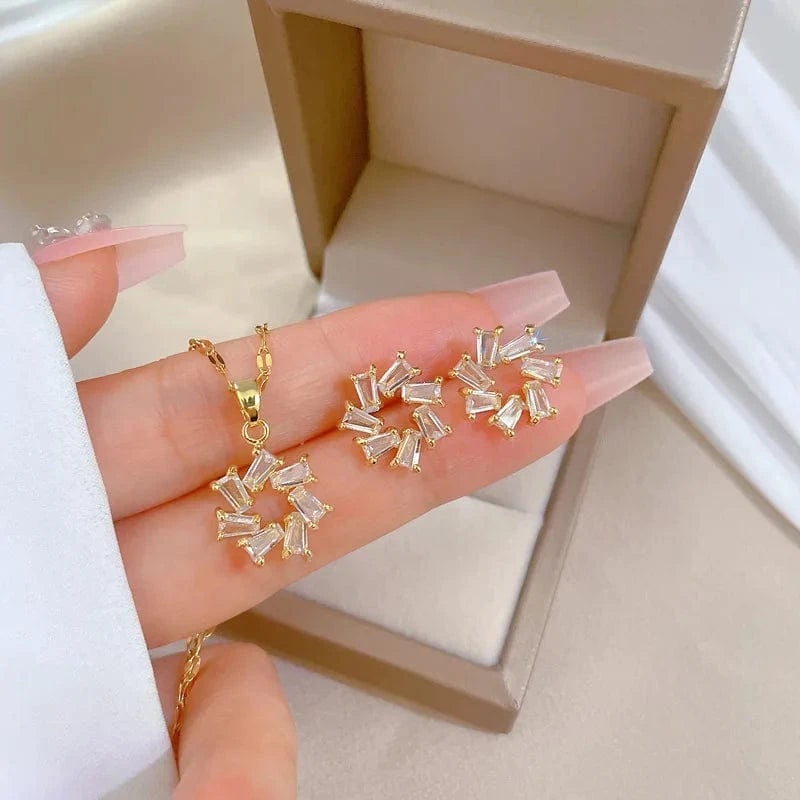 New Fashion 18K Gold Plated Stainless Steel Flower Necklace Earrings Rings Charm Pendant Women Jewelry Set