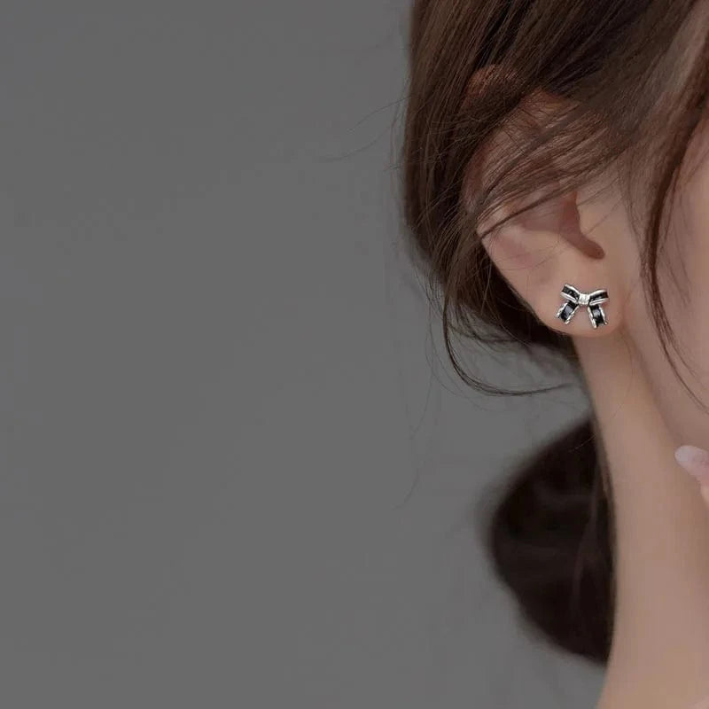 New Fashion Black Enamel Golden Silver Bowknot Stud Earrings Women 925 Sterling Silver Jewelry