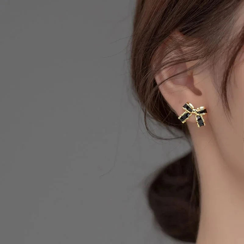 New Fashion Black Enamel Golden Silver Bowknot Stud Earrings Women 925 Sterling Silver Jewelry