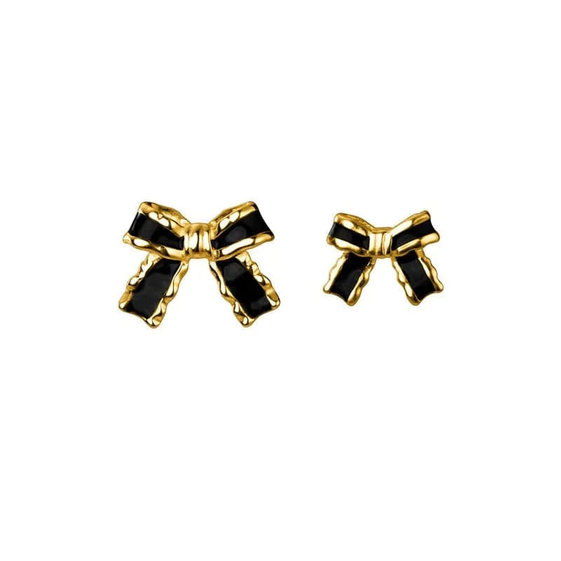 New Fashion Black Enamel Golden Silver Bowknot Stud Earrings Women 925 Sterling Silver Jewelry