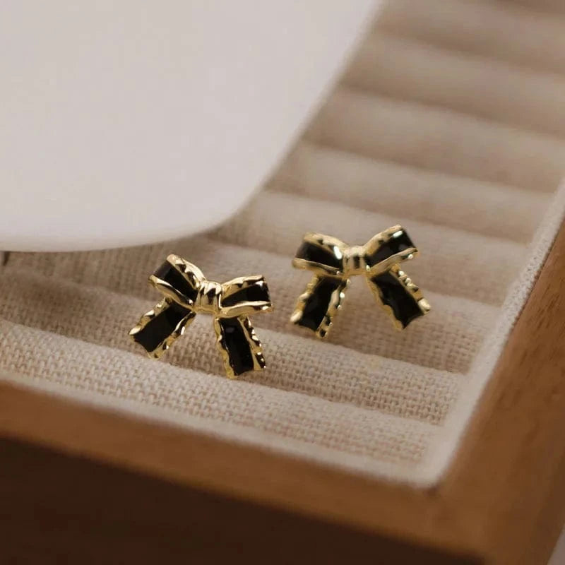 New Fashion Black Enamel Golden Silver Bowknot Stud Earrings Women 925 Sterling Silver Jewelry