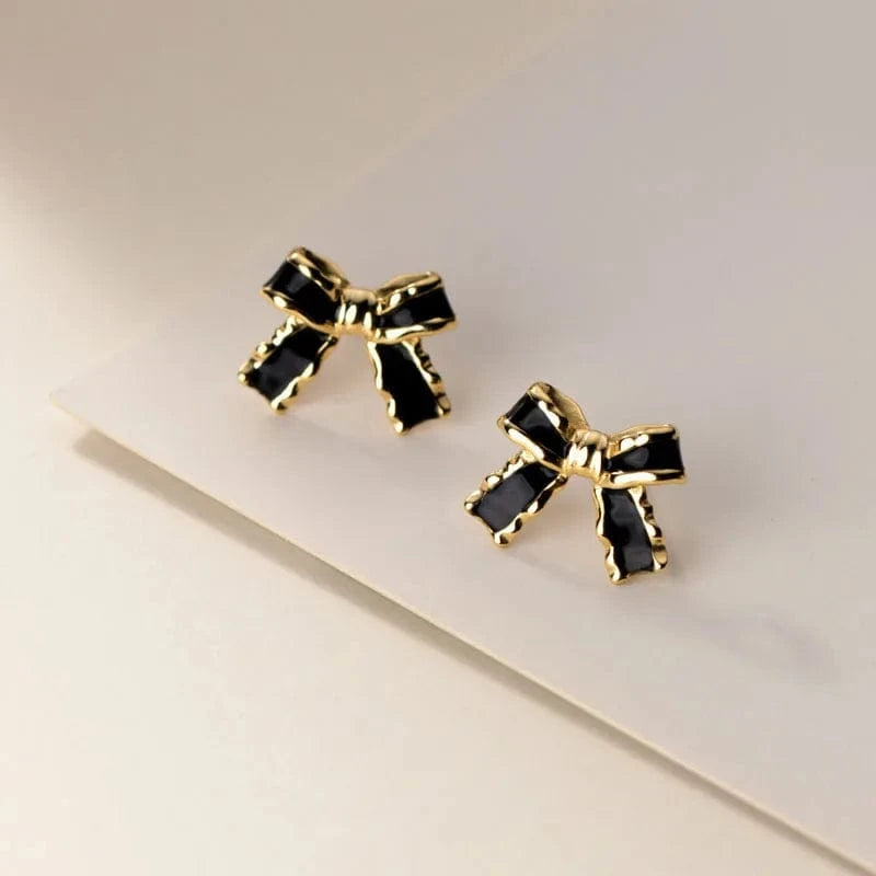 New Fashion Black Enamel Golden Silver Bowknot Stud Earrings Women 925 Sterling Silver Jewelry