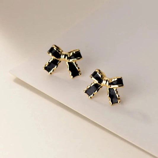 New Fashion Black Enamel Golden Silver Bowknot Stud Earrings Women 925 Sterling Silver Jewelry