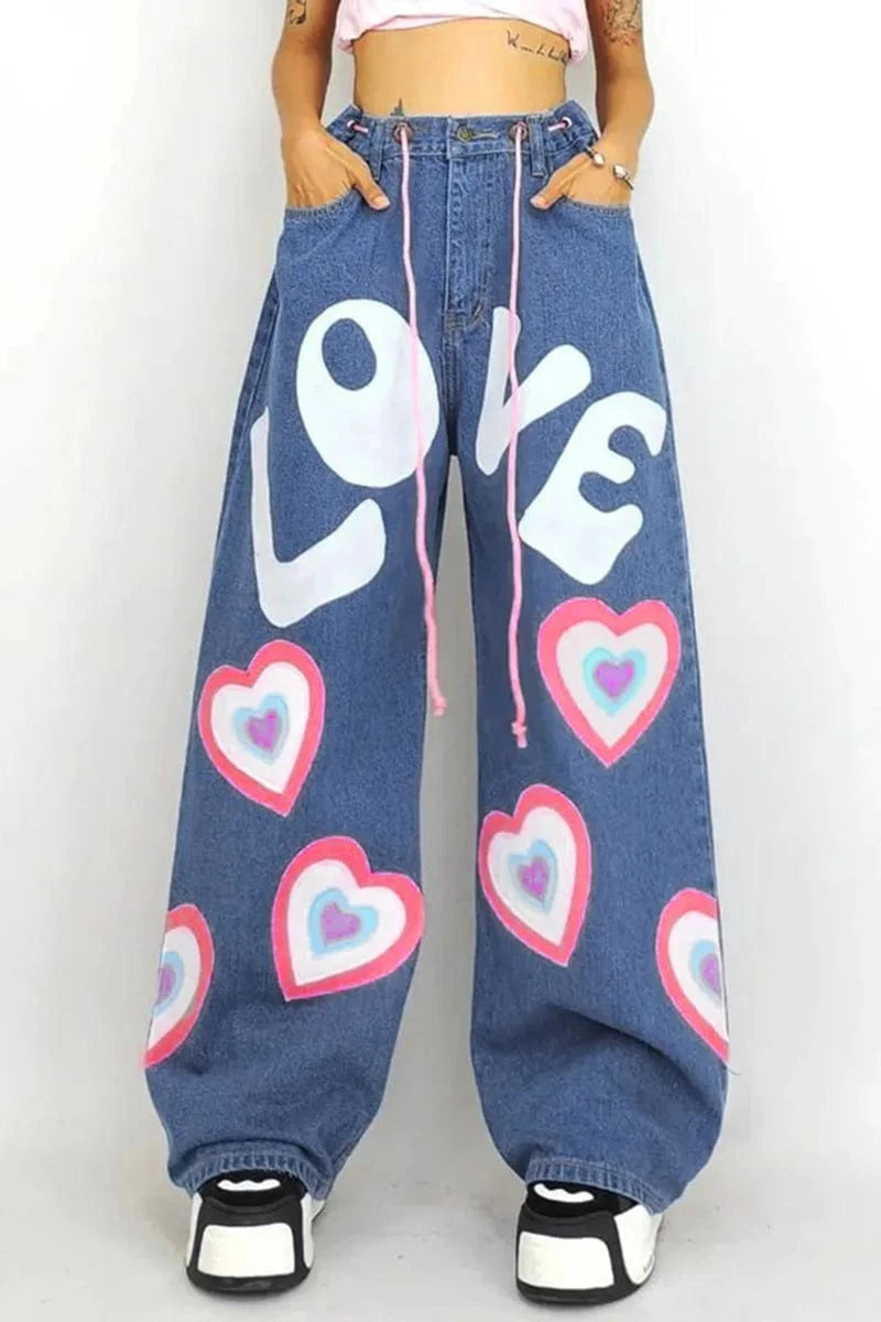 New fashion casual multi pocket heart shaped printed color flare denim cargo pants women low waist straight loose jean