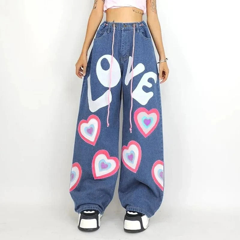 New fashion casual multi pocket heart shaped printed color flare denim cargo pants women low waist straight loose jean