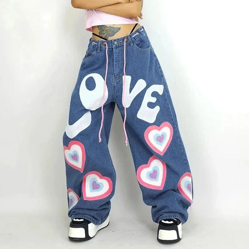 New fashion casual multi pocket heart shaped printed color flare denim cargo pants women low waist straight loose jean