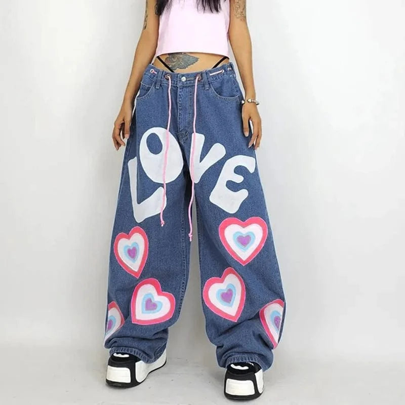 New fashion casual multi pocket heart shaped printed color flare denim cargo pants women low waist straight loose jean