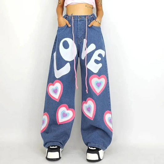 New fashion casual multi pocket heart shaped printed color flare denim cargo pants women low waist straight loose jean