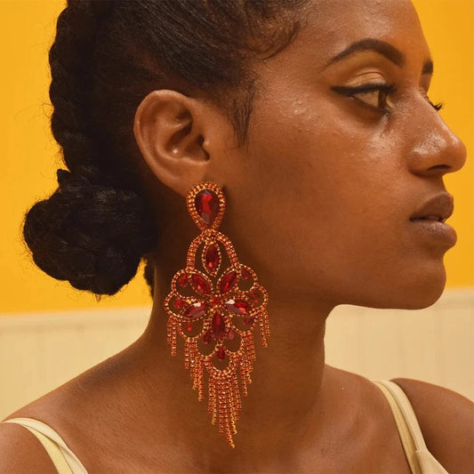 New Fashion Colorful Crystal Tassel Rhinestone Earrings for Women Big Flower Drop Stud Earrings Anniversary Jewelry