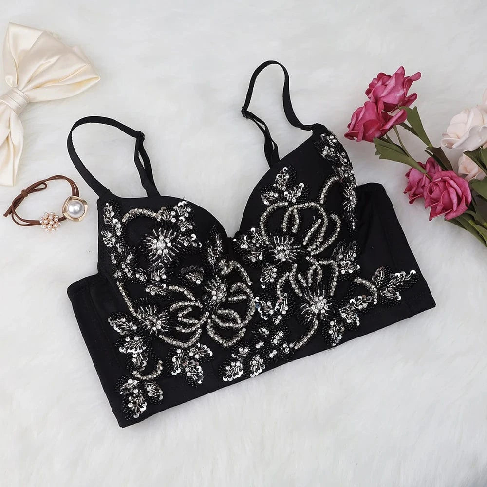 New fashion Customized wholesale underwear black crop  tops with sequin and beads
