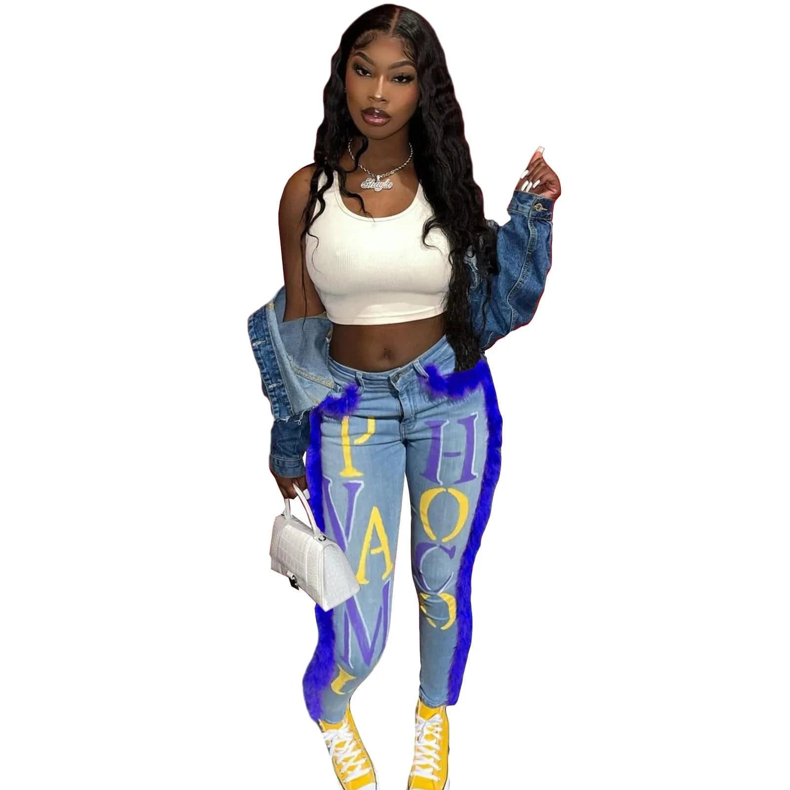 New Fashion Feather Jeans Pant Buttons Good Stretch Casual Pants Wom Jeans Long pant for Women Fringe Jeans Women Denim