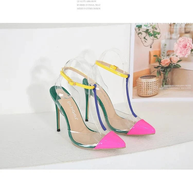 New Fashion Heels pointed Toe clear ankle strap sandals for Ladies wholesale stiletto heels green pink Slingback Shoes for Women