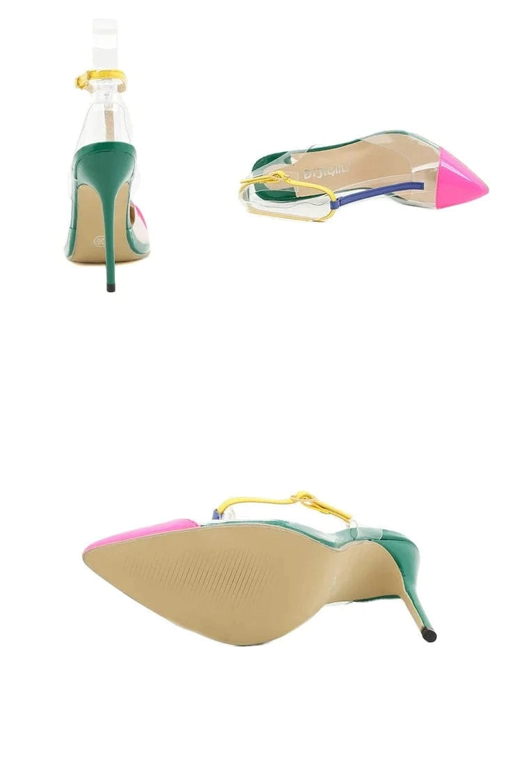 New Fashion Heels pointed Toe clear ankle strap sandals for Ladies wholesale stiletto heels green pink Slingback Shoes for Women