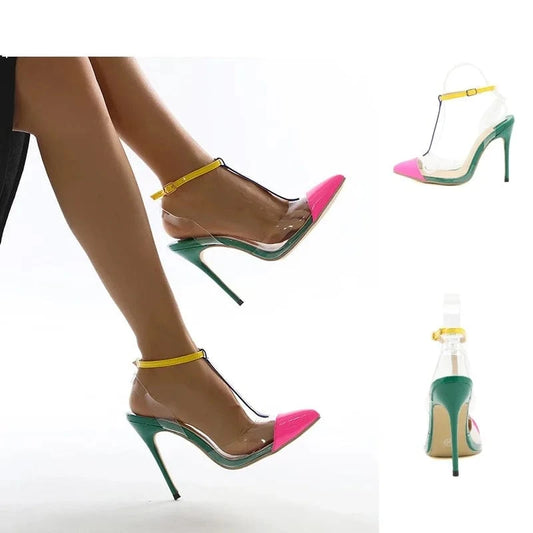 New Fashion Heels pointed Toe clear ankle strap sandals for Ladies wholesale stiletto heels green pink Slingback Shoes for Women