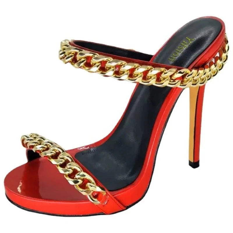 New Fashion Large Size Red Party Stilettos Women Open Toe Metal Chain Sexy Heels Sandals