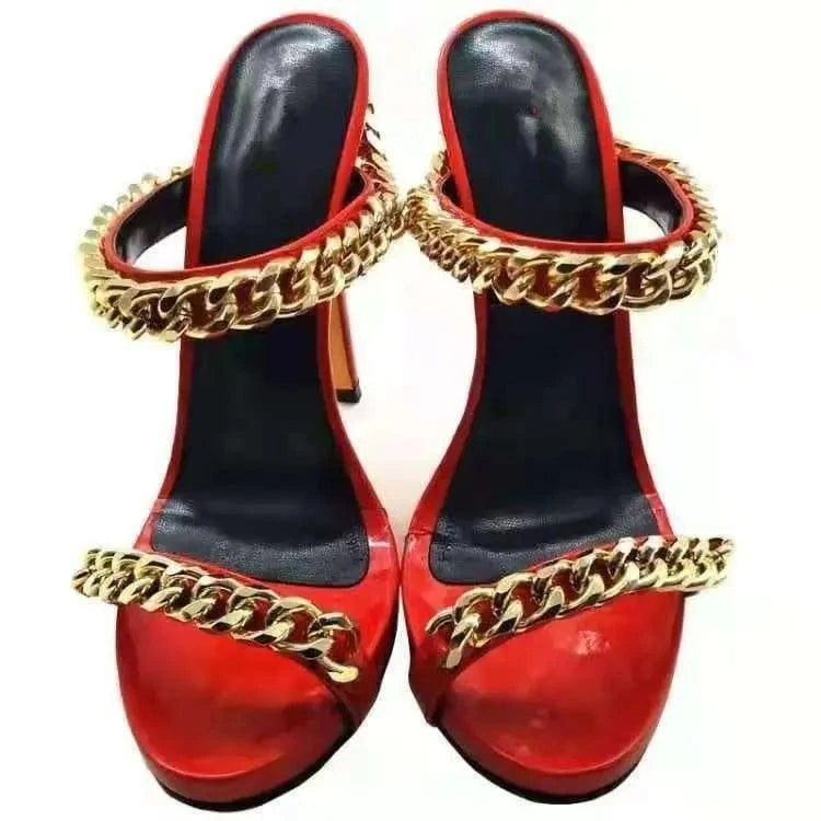 New Fashion Large Size Red Party Stilettos Women Open Toe Metal Chain Sexy Heels Sandals