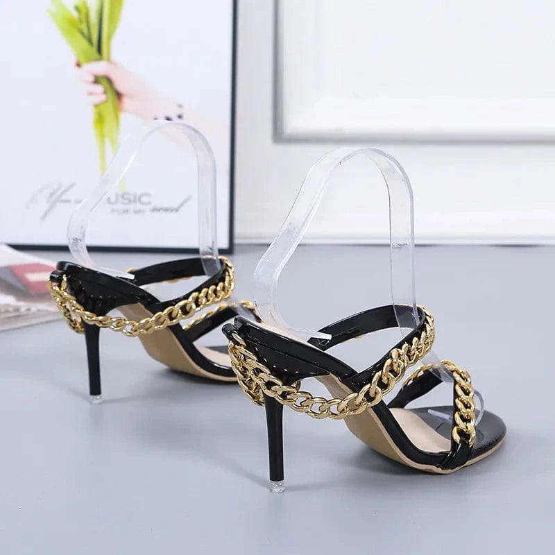 New Fashion Large Size Red Party Stilettos Women Open Toe Metal Chain Sexy Heels Sandals