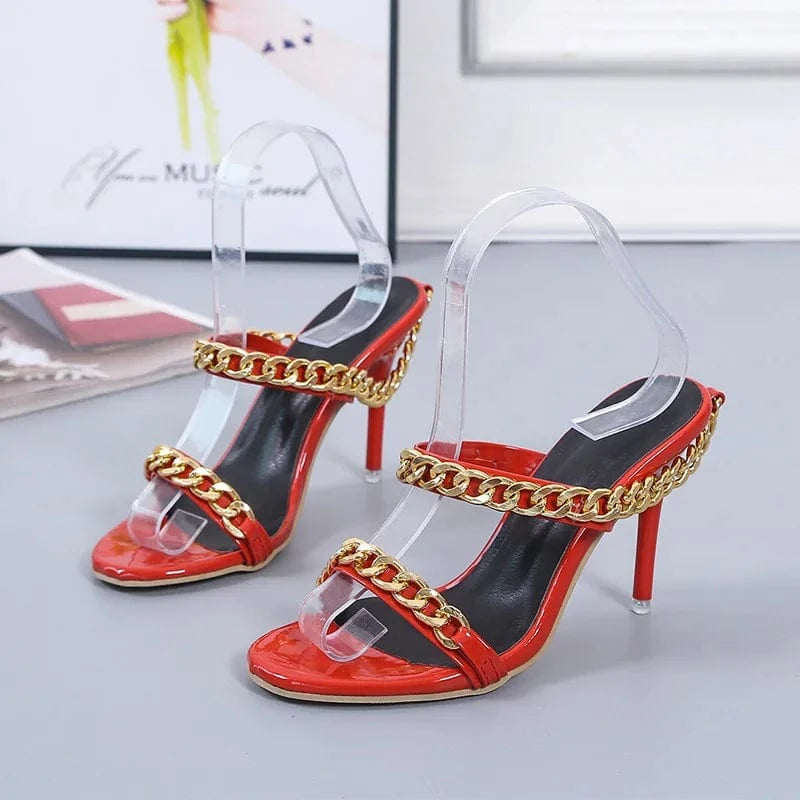 New Fashion Large Size Red Party Stilettos Women Open Toe Metal Chain Sexy Heels Sandals