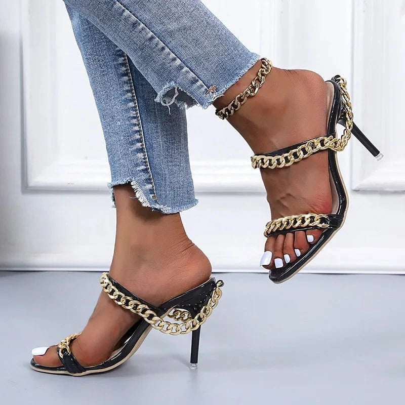 New Fashion Large Size Red Party Stilettos Women Open Toe Metal Chain Sexy Heels Sandals