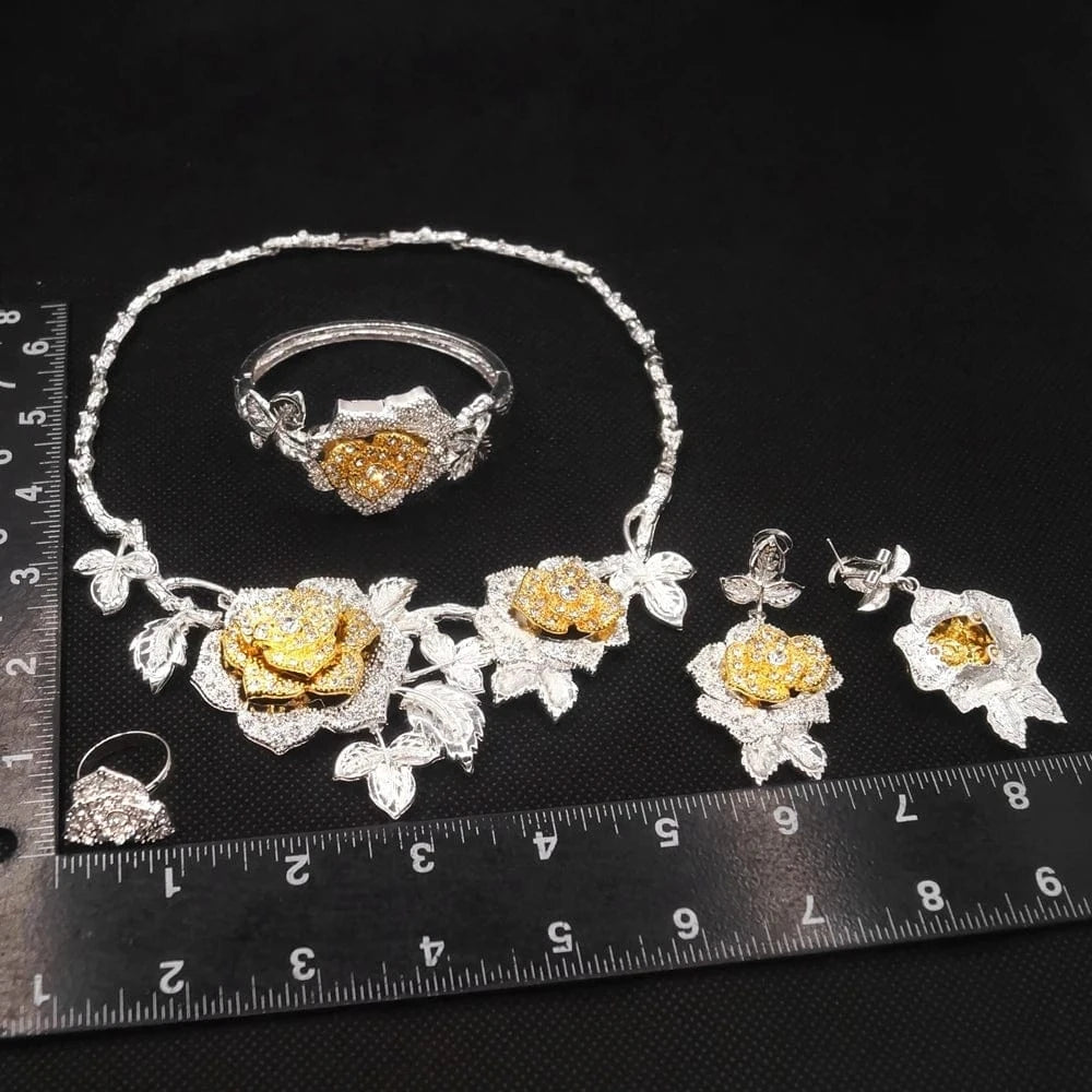 New Fashion Latest Ring Bracelet Gold Plated Exquisite Flower Leaf Necklace Canadian Easter Women Favorite Zircon Jewelry Set