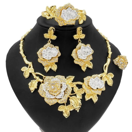 New Fashion Latest Ring Bracelet Gold Plated Exquisite Flower Leaf Necklace Canadian Easter Women Favorite Zircon Jewelry Set