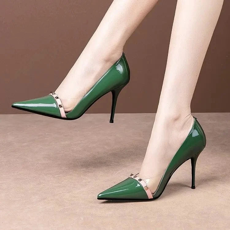 New Fashion Leather Sexy Heels Shoes Pointed Toe Rivet Super High Heels Green Women Dress Shoes Stilettos