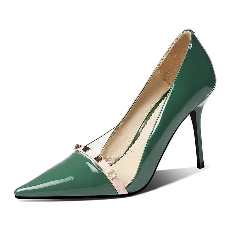 New Fashion Leather Sexy Heels Shoes Pointed Toe Rivet Super High Heels Green Women Dress Shoes Stilettos