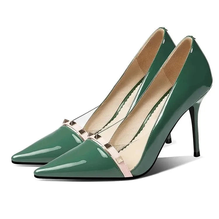 New Fashion Leather Sexy Heels Shoes Pointed Toe Rivet Super High Heels Green Women Dress Shoes Stilettos