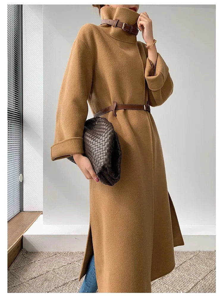 New Fashion Long Winter Genuine Shearling Ladies Coat Belted Peacoat Trench Sexy Women's 100% Real Sheep Lamb Fur Cashmere Women