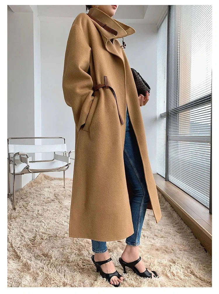 New Fashion Long Winter Genuine Shearling Ladies Coat Belted Peacoat Trench Sexy Women's 100% Real Sheep Lamb Fur Cashmere Women