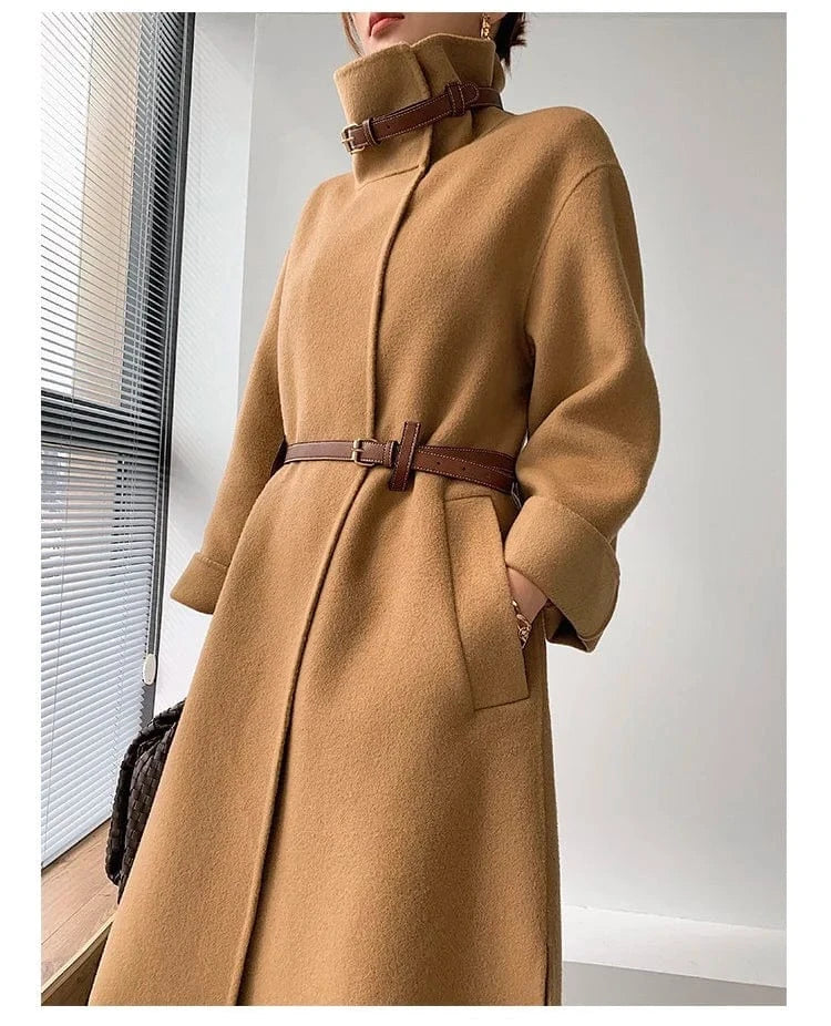 New Fashion Long Winter Genuine Shearling Ladies Coat Belted Peacoat Trench Sexy Women's 100% Real Sheep Lamb Fur Cashmere Women