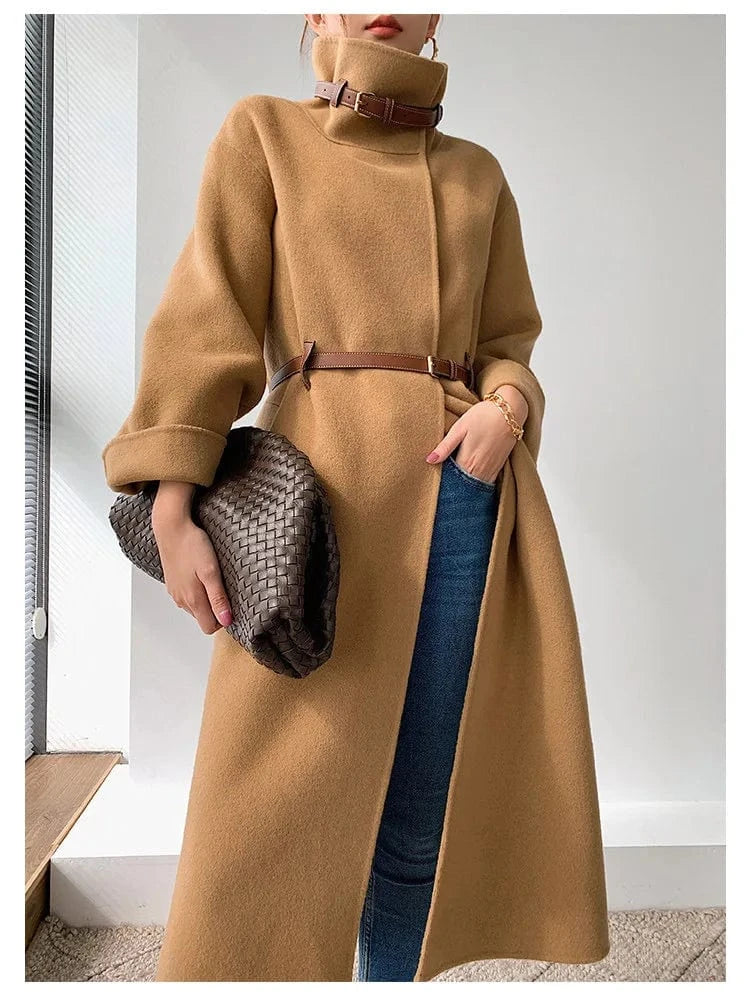New Fashion Long Winter Genuine Shearling Ladies Coat Belted Peacoat Trench Sexy Women's 100% Real Sheep Lamb Fur Cashmere Women