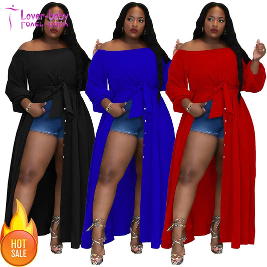 New Fashion Party High Street Woman Plus Size Women's Clothing Off Shoulder Split Maxi Dress with Belt