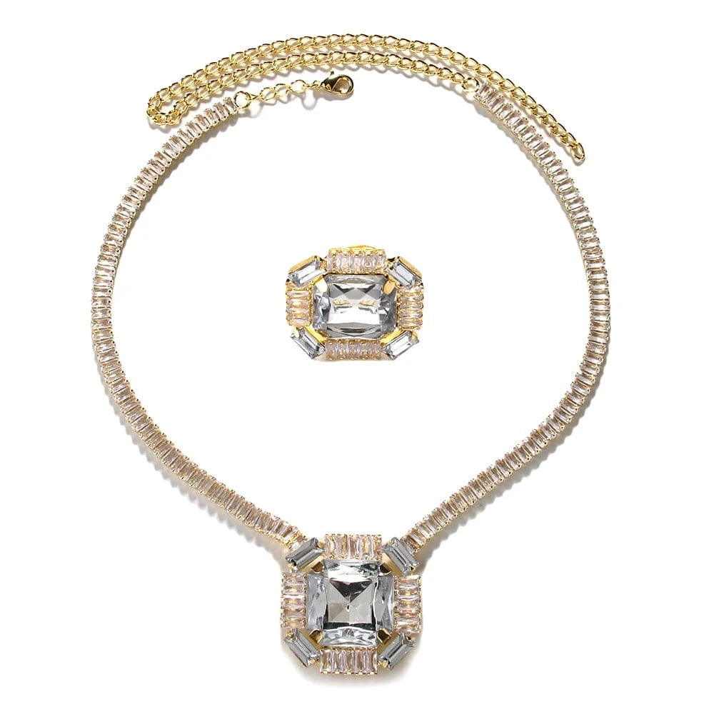 New Fashion Rhinestone Geometric Jewelry Sets Party Bling Cubic Zircon Square Necklace and Ring Set Women Jewelry Wholesale