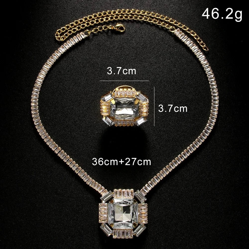 New Fashion Rhinestone Geometric Jewelry Sets Party Bling Cubic Zircon Square Necklace and Ring Set Women Jewelry Wholesale