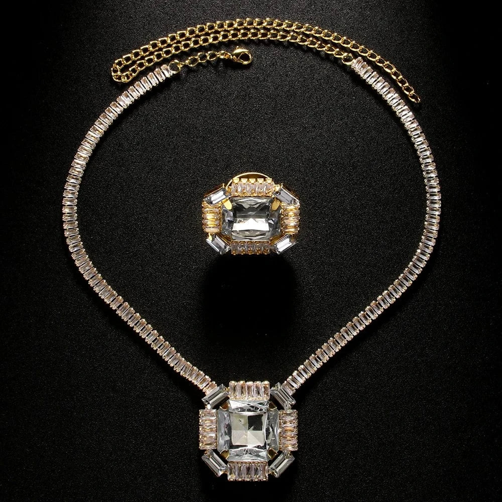 New Fashion Rhinestone Geometric Jewelry Sets Party Bling Cubic Zircon Square Necklace and Ring Set Women Jewelry Wholesale