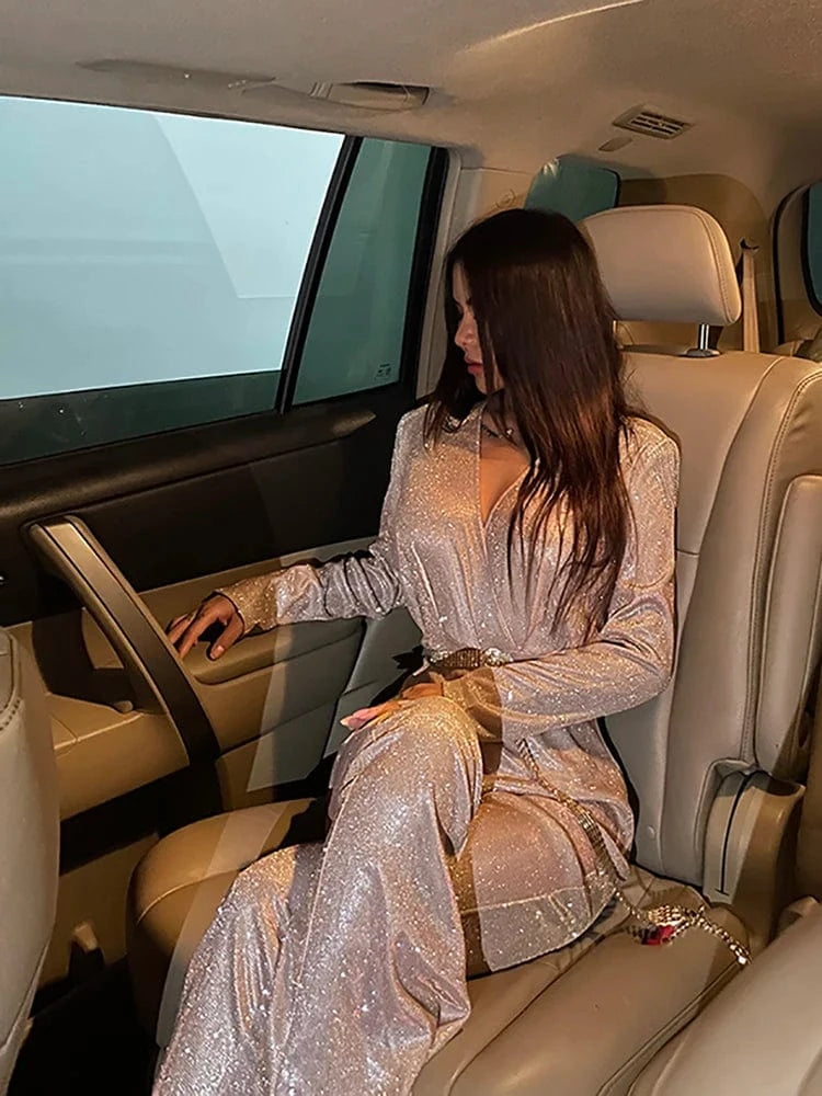 New Fashion Sequins Jumpsuit For Women 2025 Long Sleeves V Neck Draped Autumn Rompers Celebrity Evening Party Club Overall