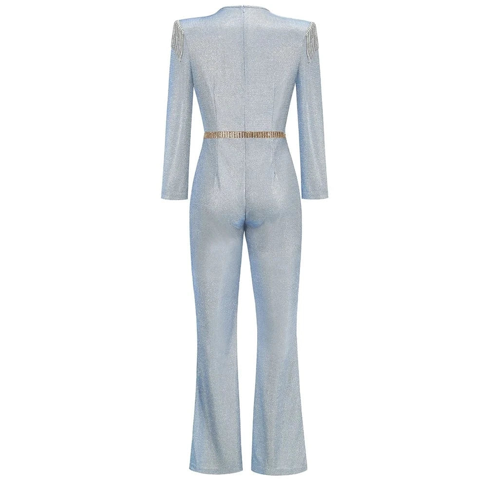 New Fashion Sequins Jumpsuit For Women 2025 Long Sleeves V Neck Draped Autumn Rompers Celebrity Evening Party Club Overall