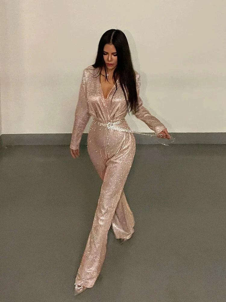 New Fashion Sequins Jumpsuit For Women 2025 Long Sleeves V Neck Draped Autumn Rompers Celebrity Evening Party Club Overall