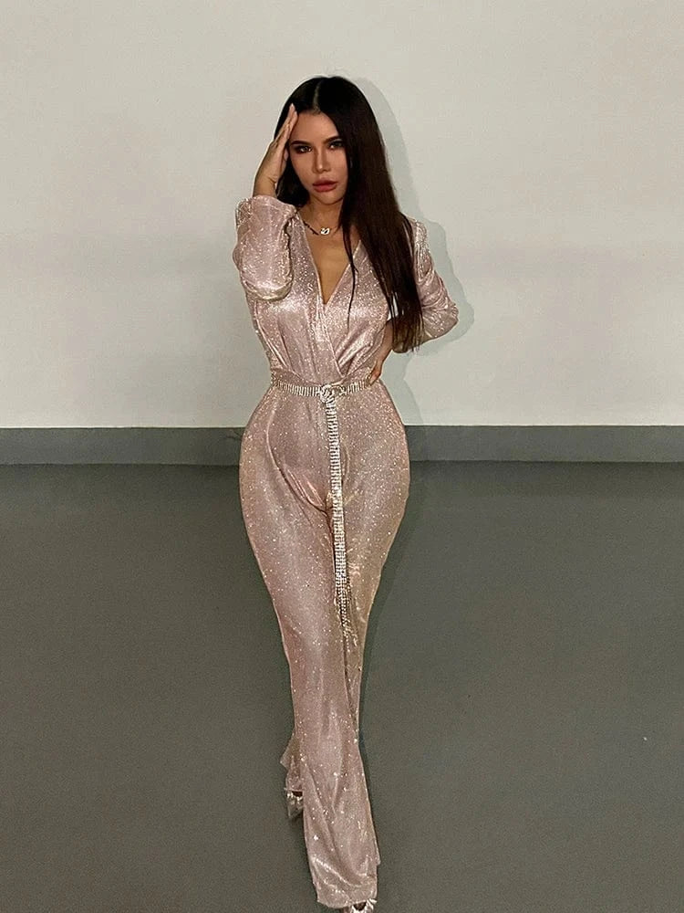New Fashion Sequins Jumpsuit For Women 2025 Long Sleeves V Neck Draped Autumn Rompers Celebrity Evening Party Club Overall