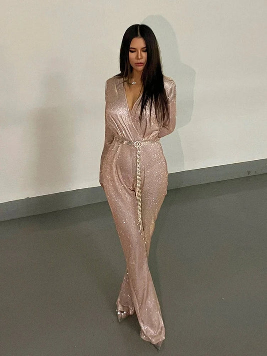 New Fashion Sequins Jumpsuit For Women 2025 Long Sleeves V Neck Draped Autumn Rompers Celebrity Evening Party Club Overall