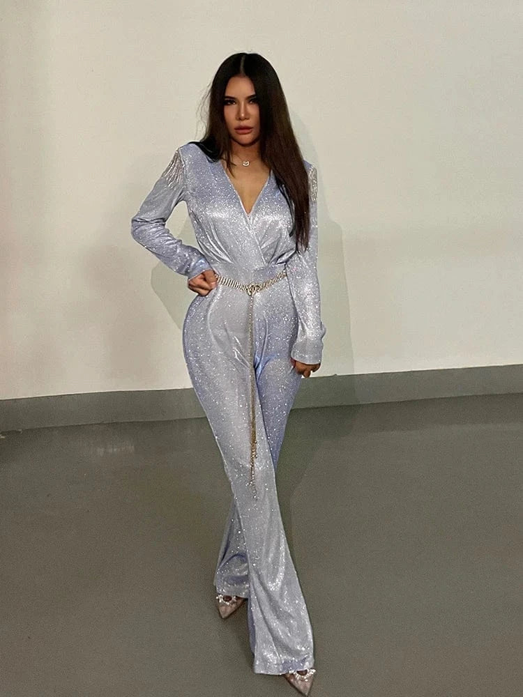 New Fashion Sequins Jumpsuit For Women 2025 Long Sleeves V Neck Draped Autumn Rompers Celebrity Evening Party Club Overall