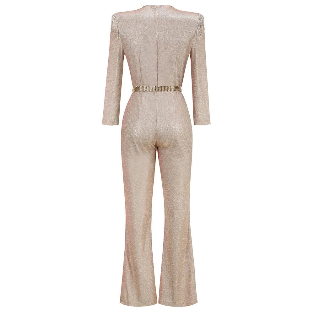 New Fashion Sequins Jumpsuit For Women 2025 Long Sleeves V Neck Draped Autumn Rompers Celebrity Evening Party Club Overall