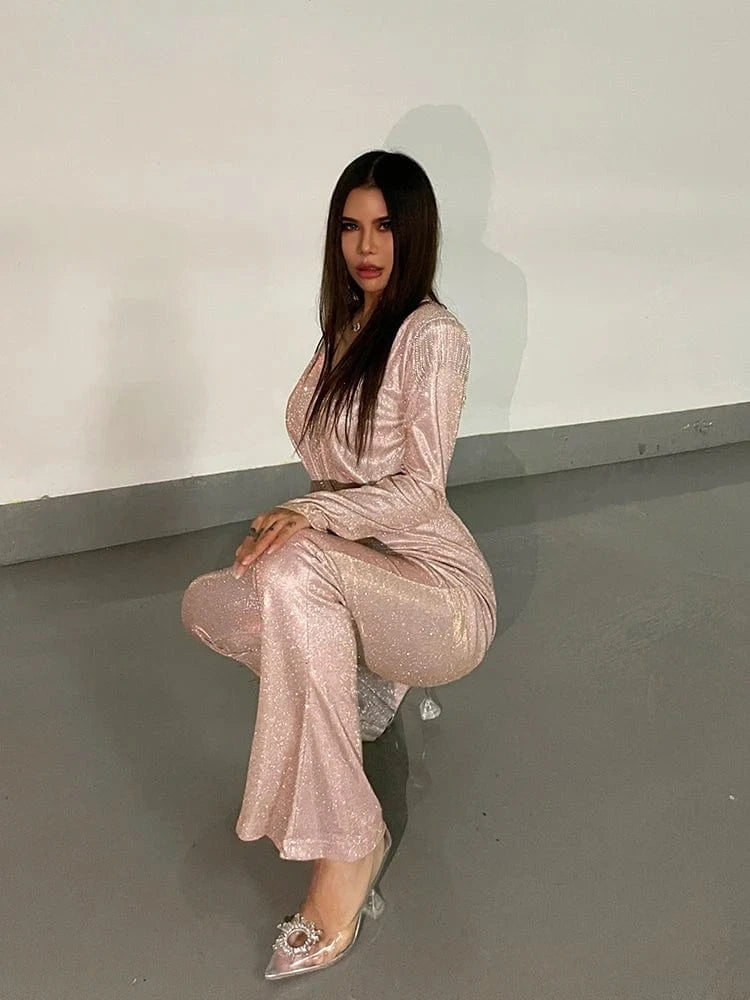New Fashion Sequins Jumpsuit For Women 2025 Long Sleeves V Neck Draped Autumn Rompers Celebrity Evening Party Club Overall
