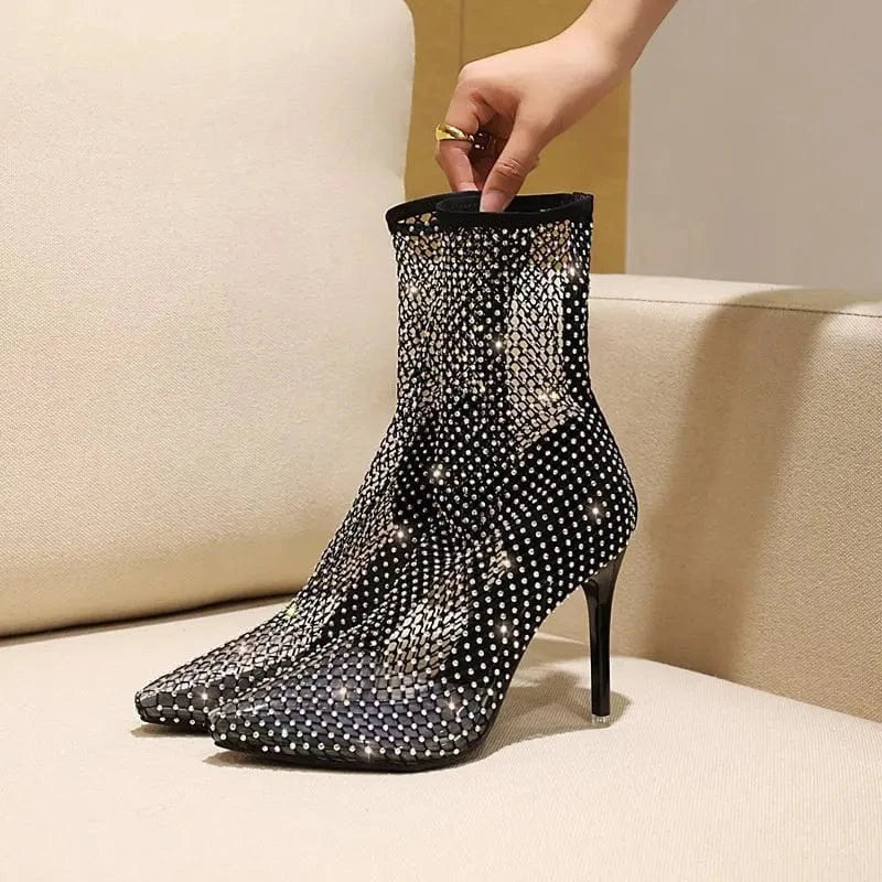 New Fashion Women 2022 Mesh Upper Sandals Short Boots HIgh Heels Lady Summer Shoes shinny Party Pumps Pointed Toe Sexy Diamonds