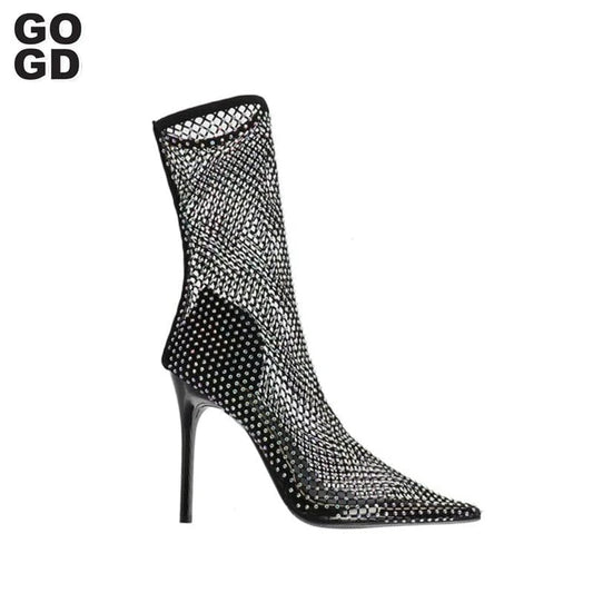 New Fashion Women 2022 Mesh Upper Sandals Short Boots HIgh Heels Lady Summer Shoes shinny Party Pumps Pointed Toe Sexy Diamonds