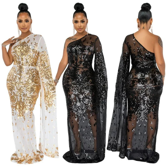 New fashion women's single shoulder Embroidered Beaded mesh diagonal shoulder sexy evening dress women's dress