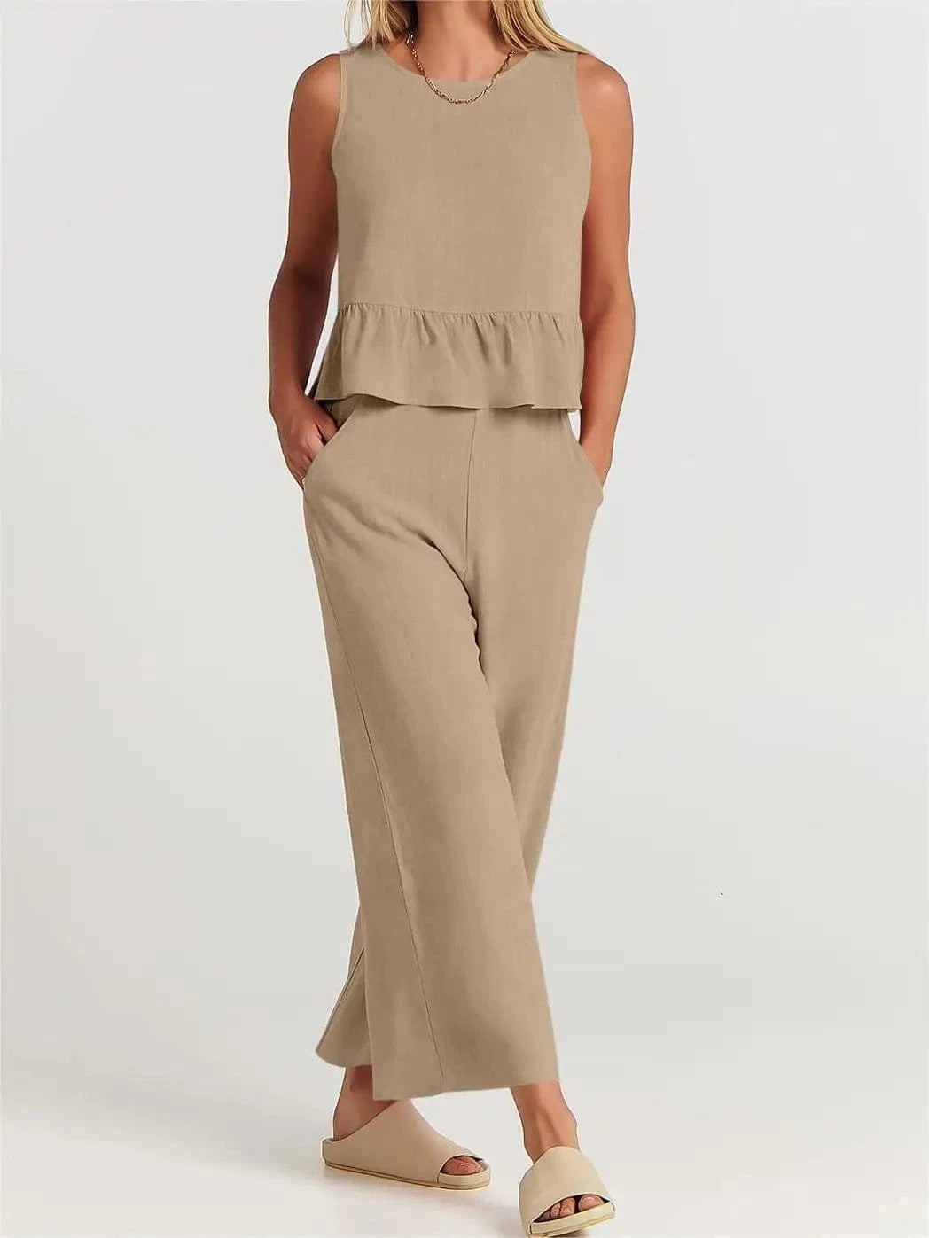 New fashion women's summer sleeveless pleated bottoming shirt wide-legged pants casual suit top + pants two-piece casual suit