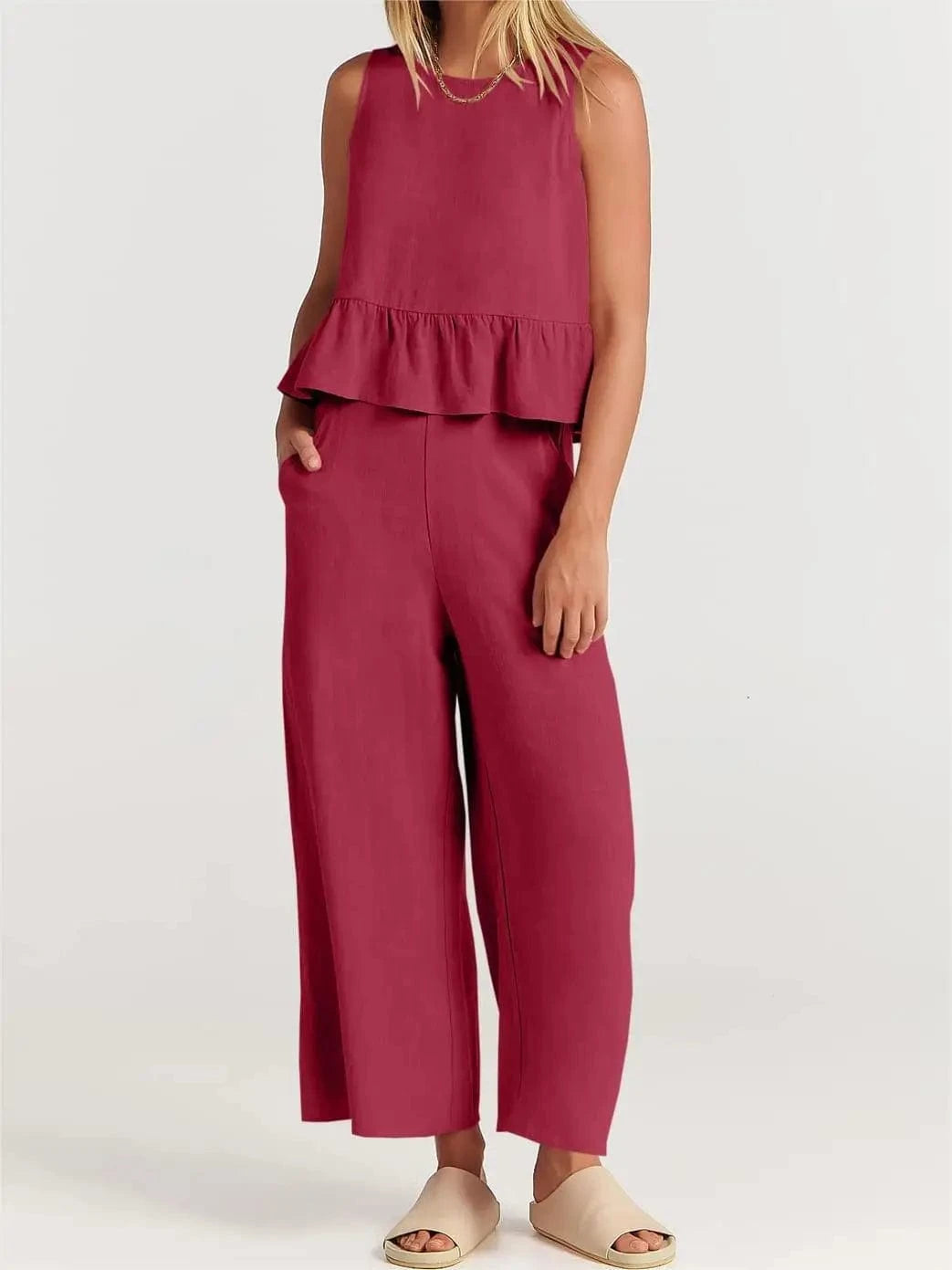 New fashion women's summer sleeveless pleated bottoming shirt wide-legged pants casual suit top + pants two-piece casual suit